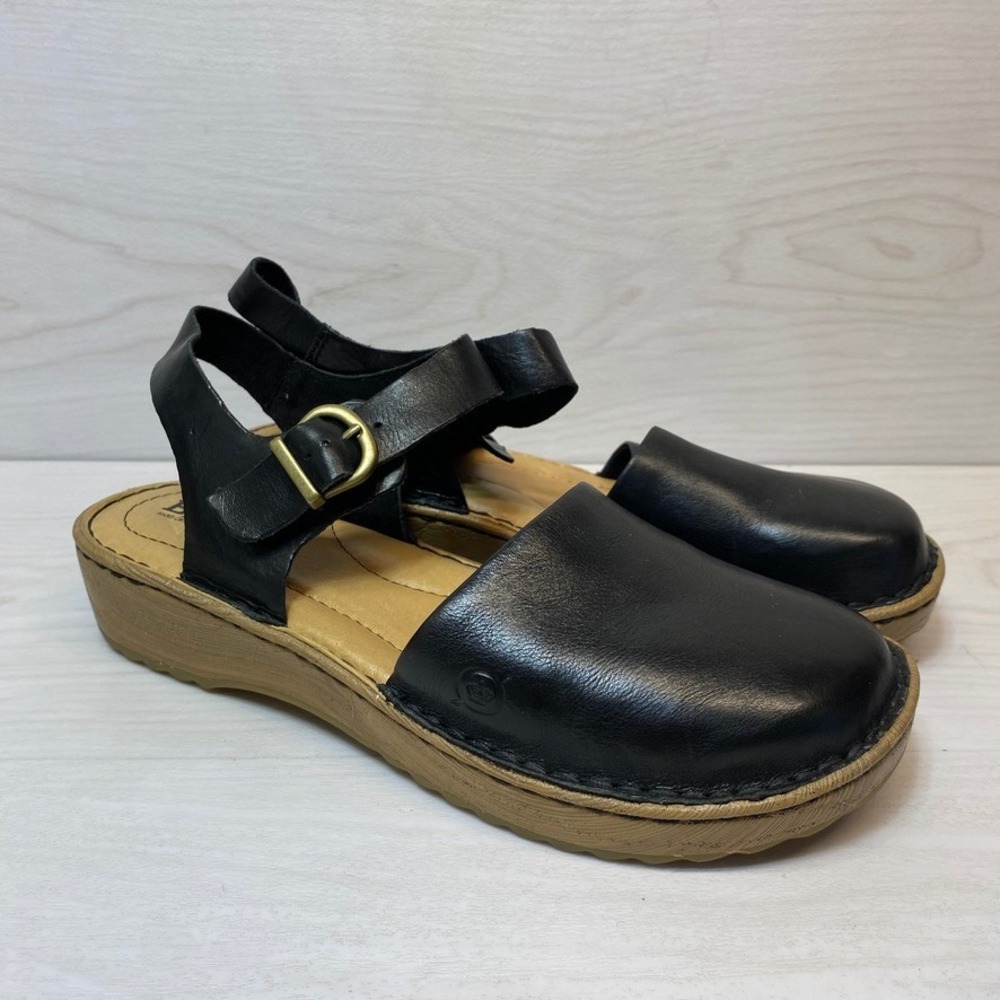 Born Womens 9 Black Alianna Leather Clog Sandals Wedge Buckle Strap Shoes